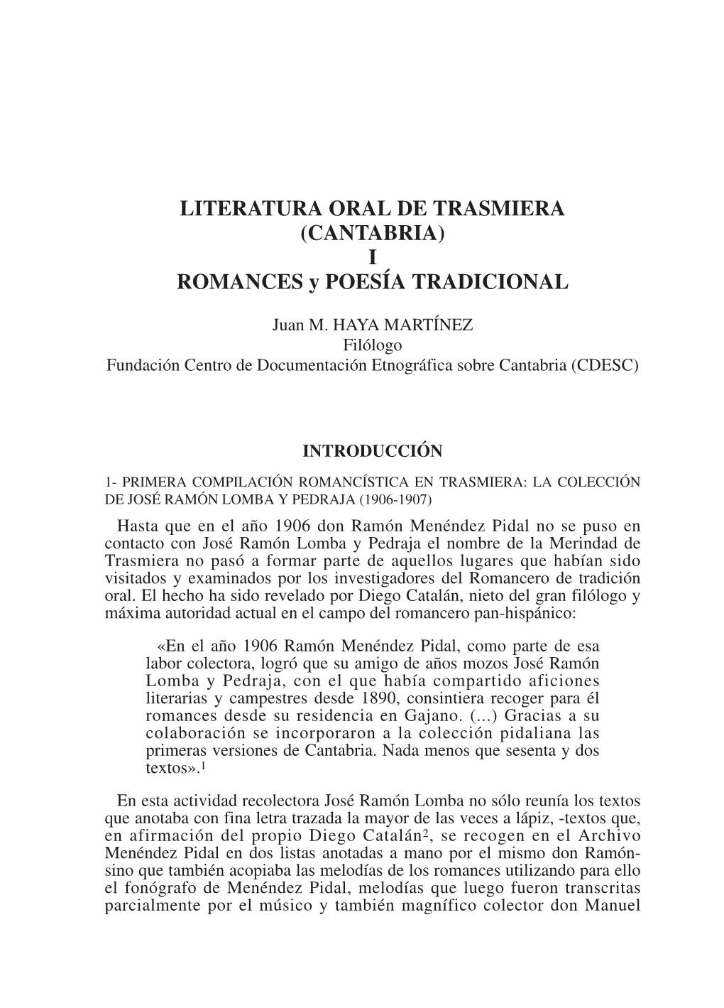 LITERATURA ORAL DE TRASMIERA (CANTABRIA) I ROMANCES Y POESÍA TRADICIONAL