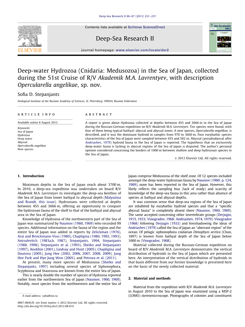 Deep-Water Hydrozoa (Cnidaria Medusozoa) in the Sea of Japan