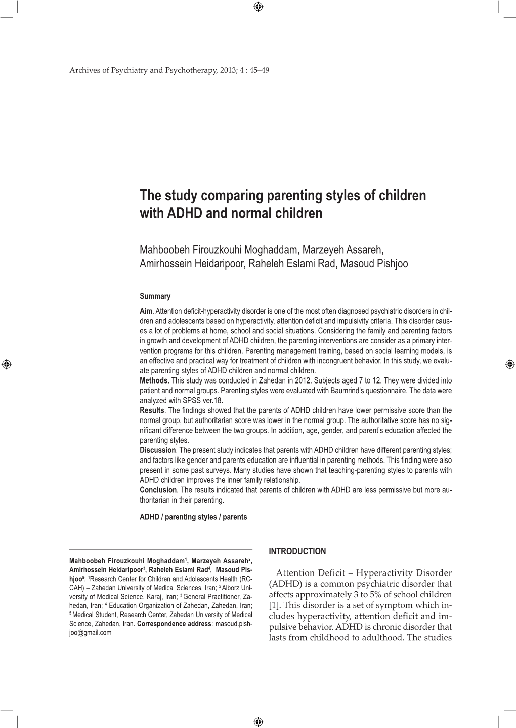The Study Comparing Parenting Styles of Children with ADHD and Normal Children