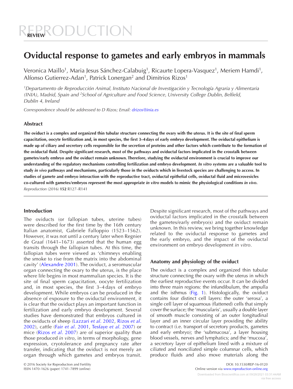 Oviductal Response to Gametes and Early Embryos in Mammals