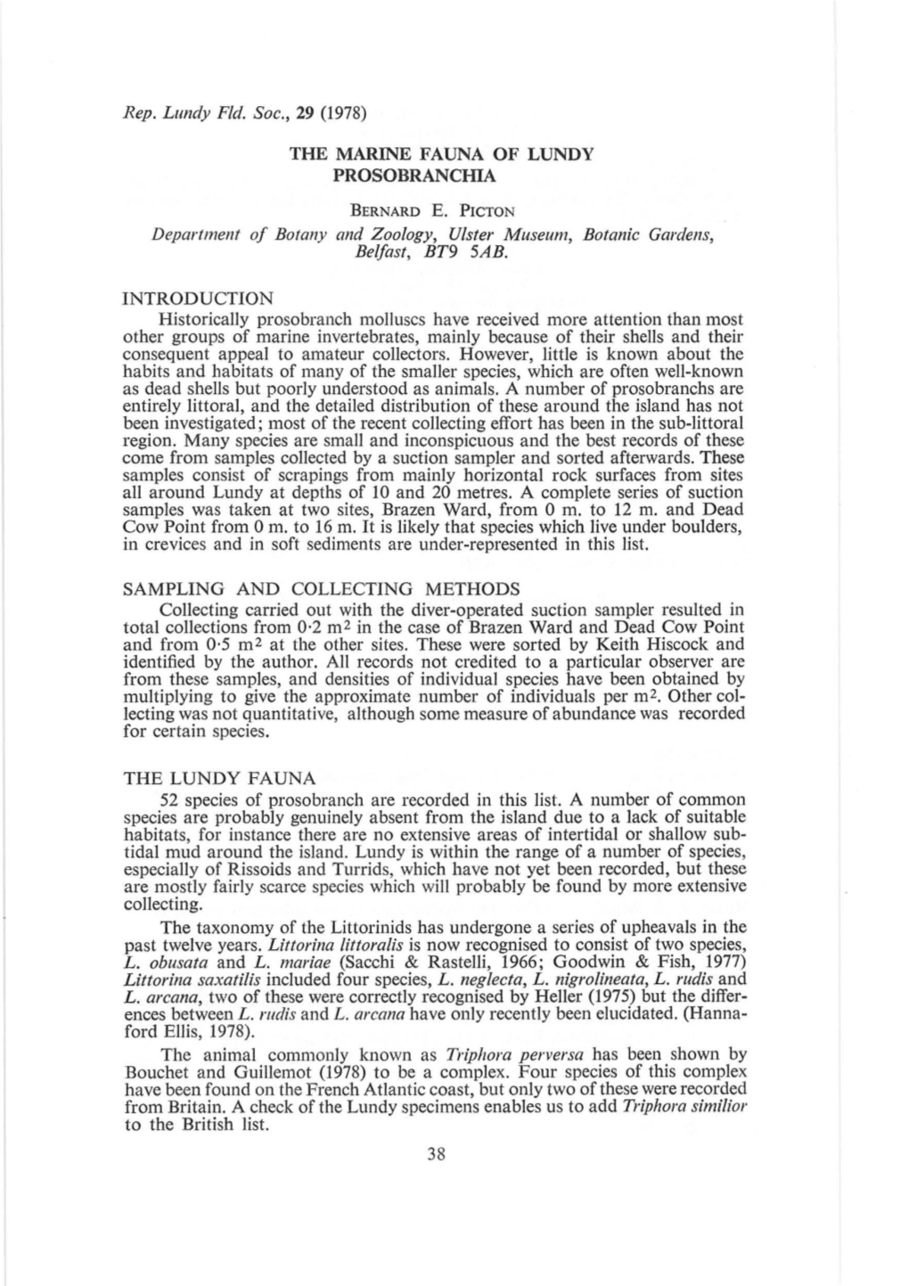 Rep. Lundy Fld. Soc., 29 (1978) the MARINE FAUNA of LUNDY