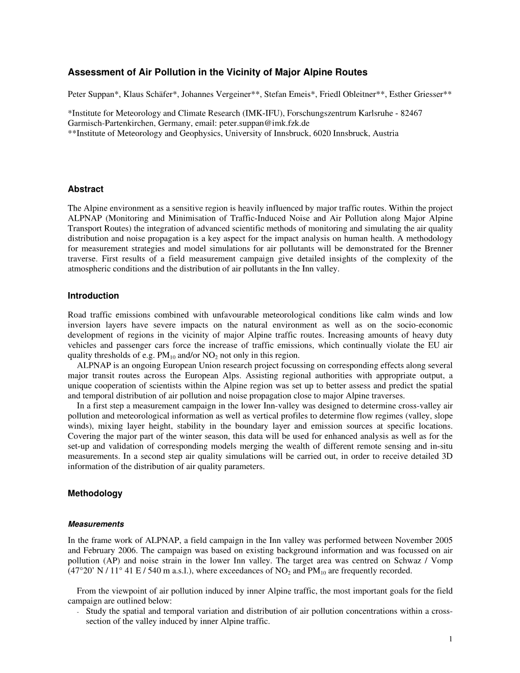 Assessment of Air Pollution in the Vicinity of Major Alpine Routes