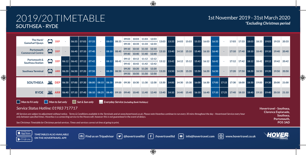 2019/20 TIMETABLE 1St November 2019 - 31St March 2020 *Excluding Christmas Period SOUTHSEA - RYDE