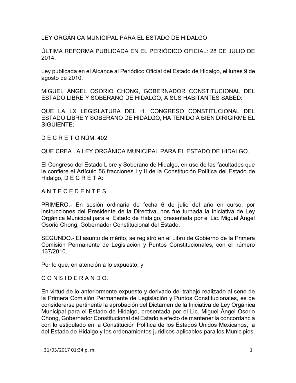 Ley Orgánica Municipal Para El Estado De Hidalgo Última