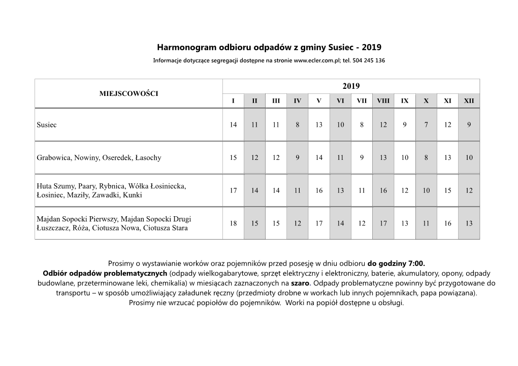 Harmonogram Odbioru Odpadów Z Gminy Susiec - 2019