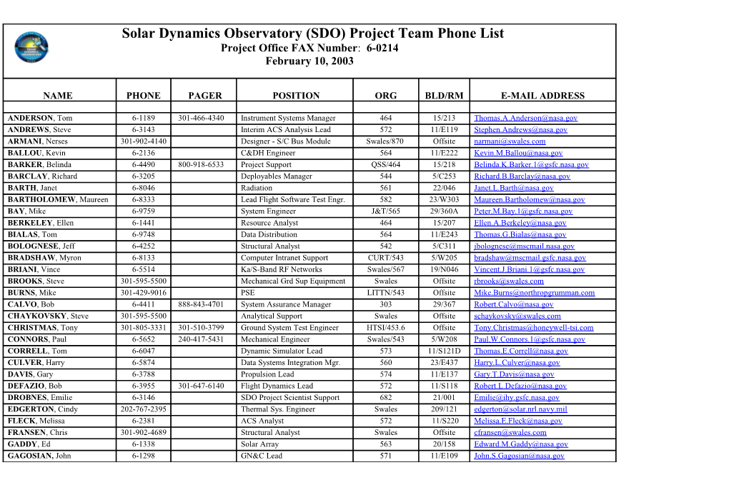 Solar Dynamics Observatory (SDO) Project Team Phone List
