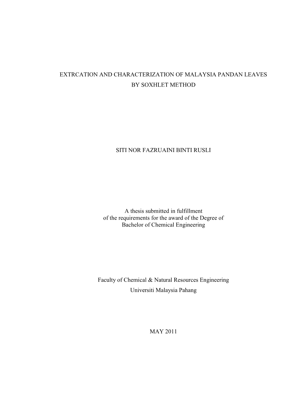 Extrcation and Characterization of Malaysia Pandan Leaves by Soxhlet Method