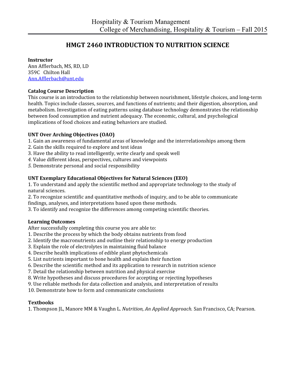 Hmgt 2460 Introduction to Nutrition Science