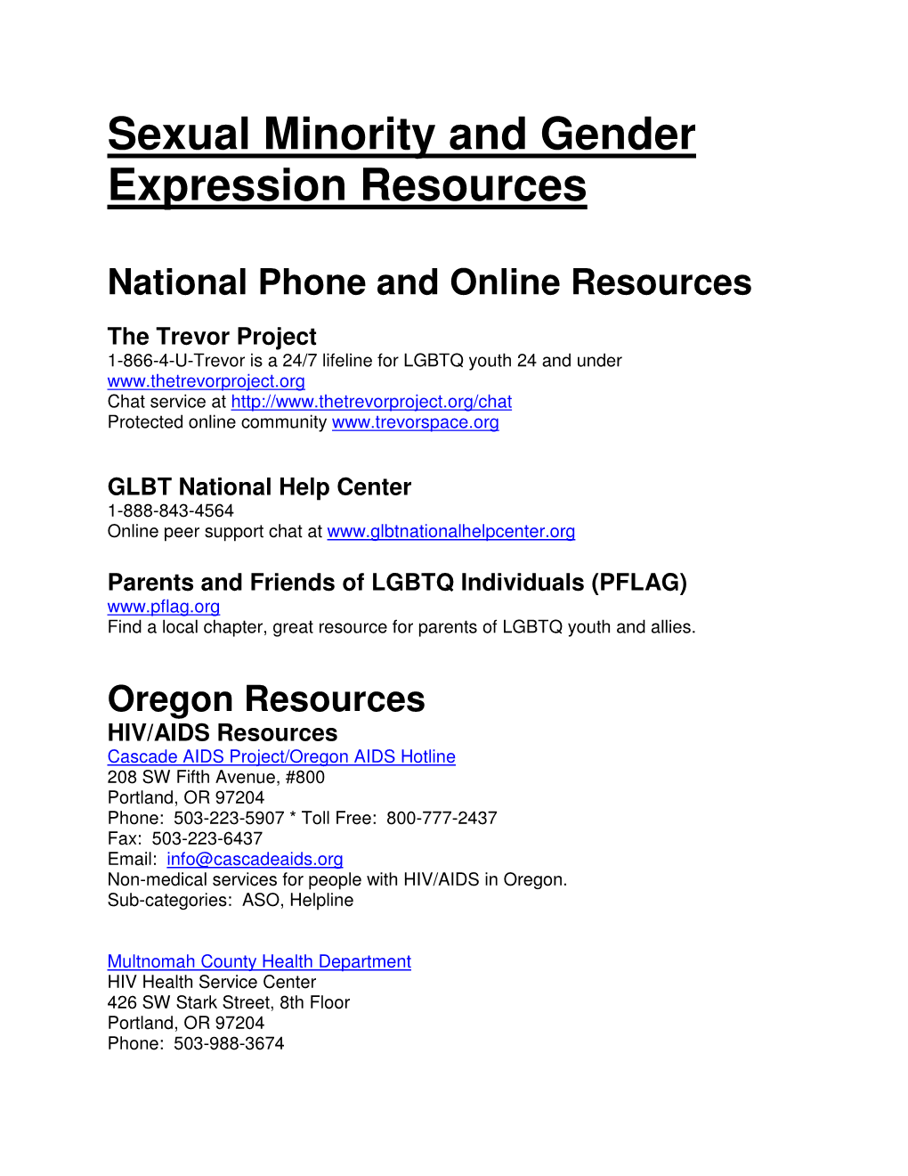Sexual Minority and Gender Expression Resources