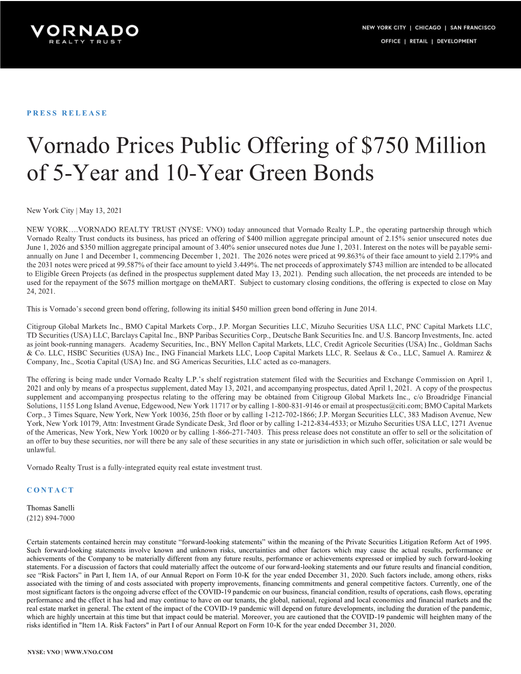 Vornado Prices Public Offering of $750 Million of 5-Year and 10-Year Green Bonds