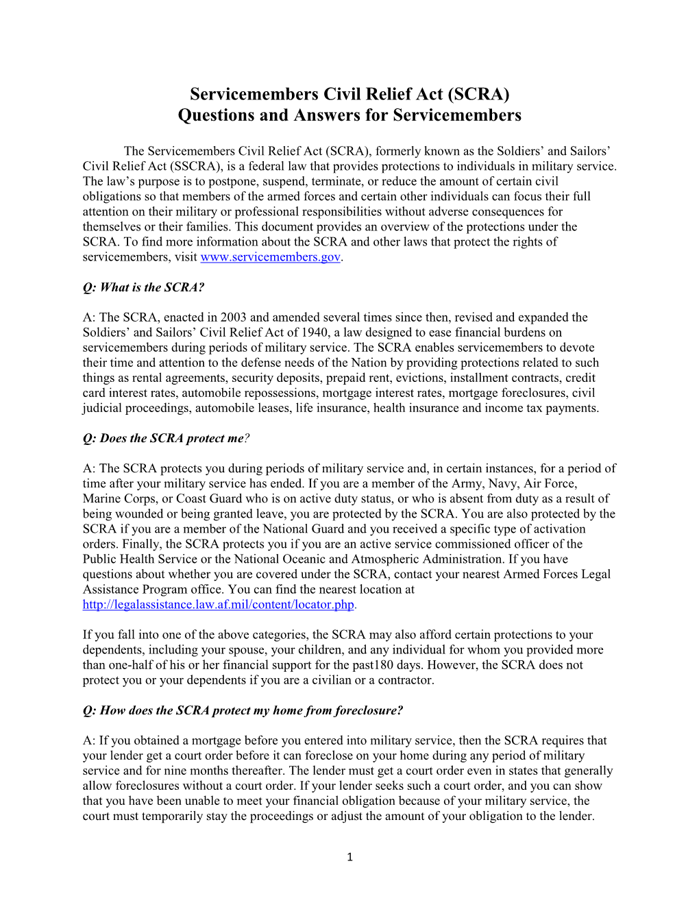 Servicemembers Civil Relief Act (SCRA) Questions and Answers for Servicemembers