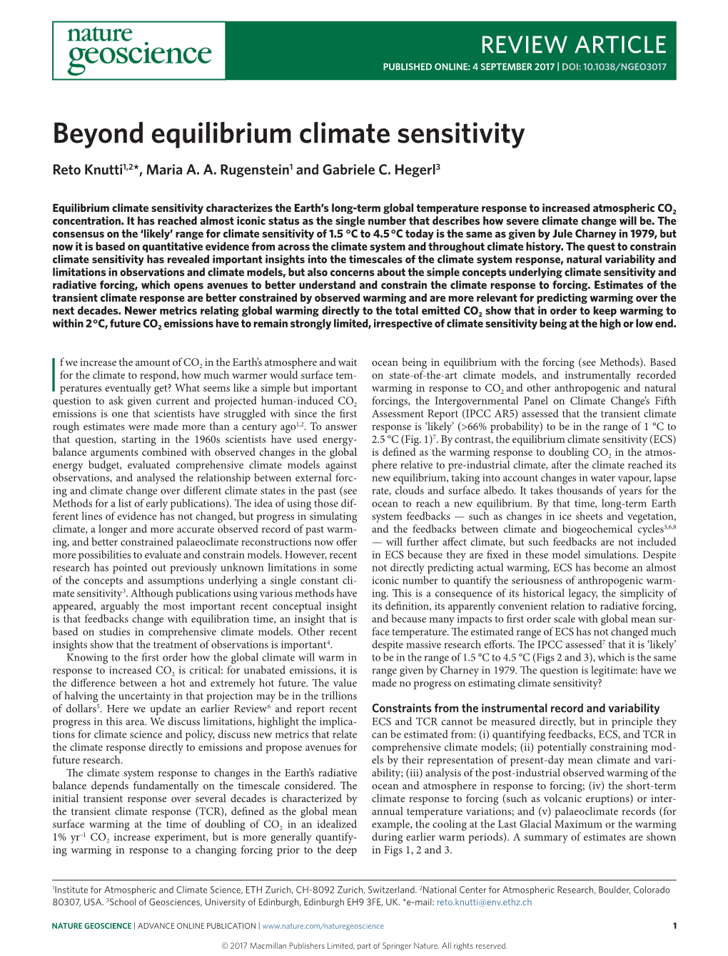 Beyond Equilibrium Climate Sensitivity Reto Knutti1,2*, Maria A