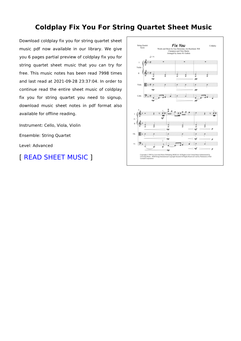 Coldplay Fix You for String Quartet Sheet Music