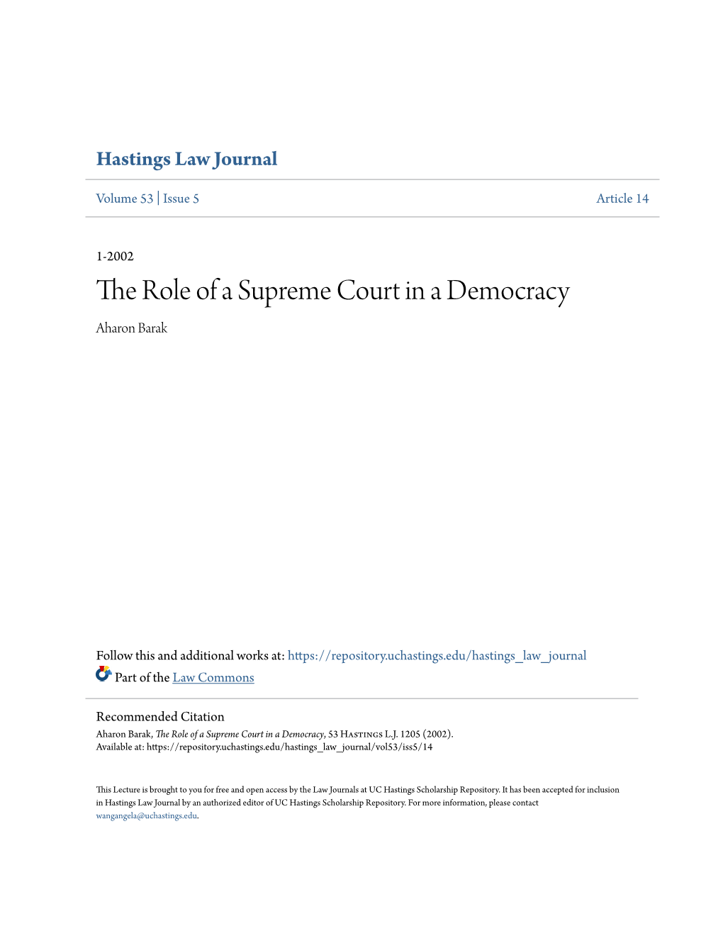The Role of a Supreme Court in a Democracy Aharon Barak