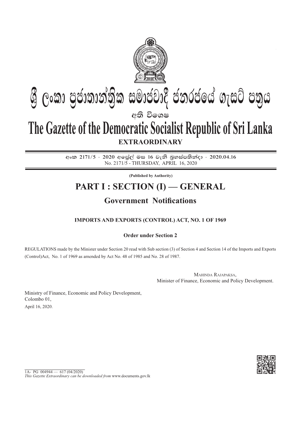 The Gazette of the Democratic Socialist Republic of Sri Lanka EXTRAORDINARY