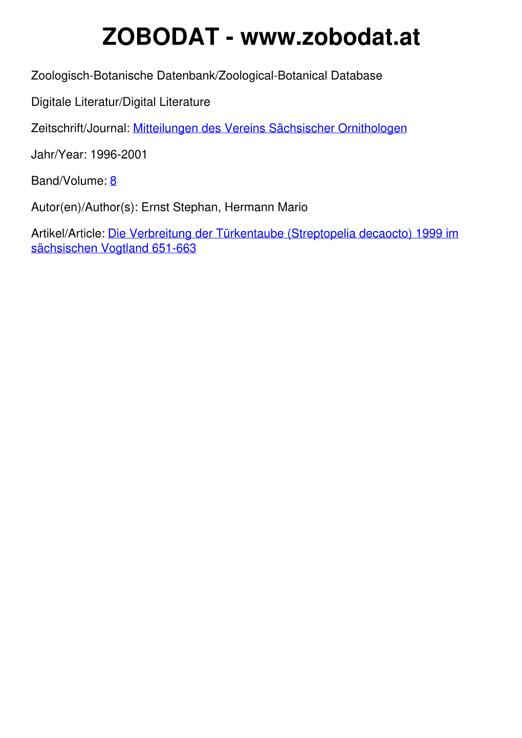 Streptopelia Decaocto) 1999 Im Sächsischen Vogtland 651-663 FID Biodiversitätsforschung