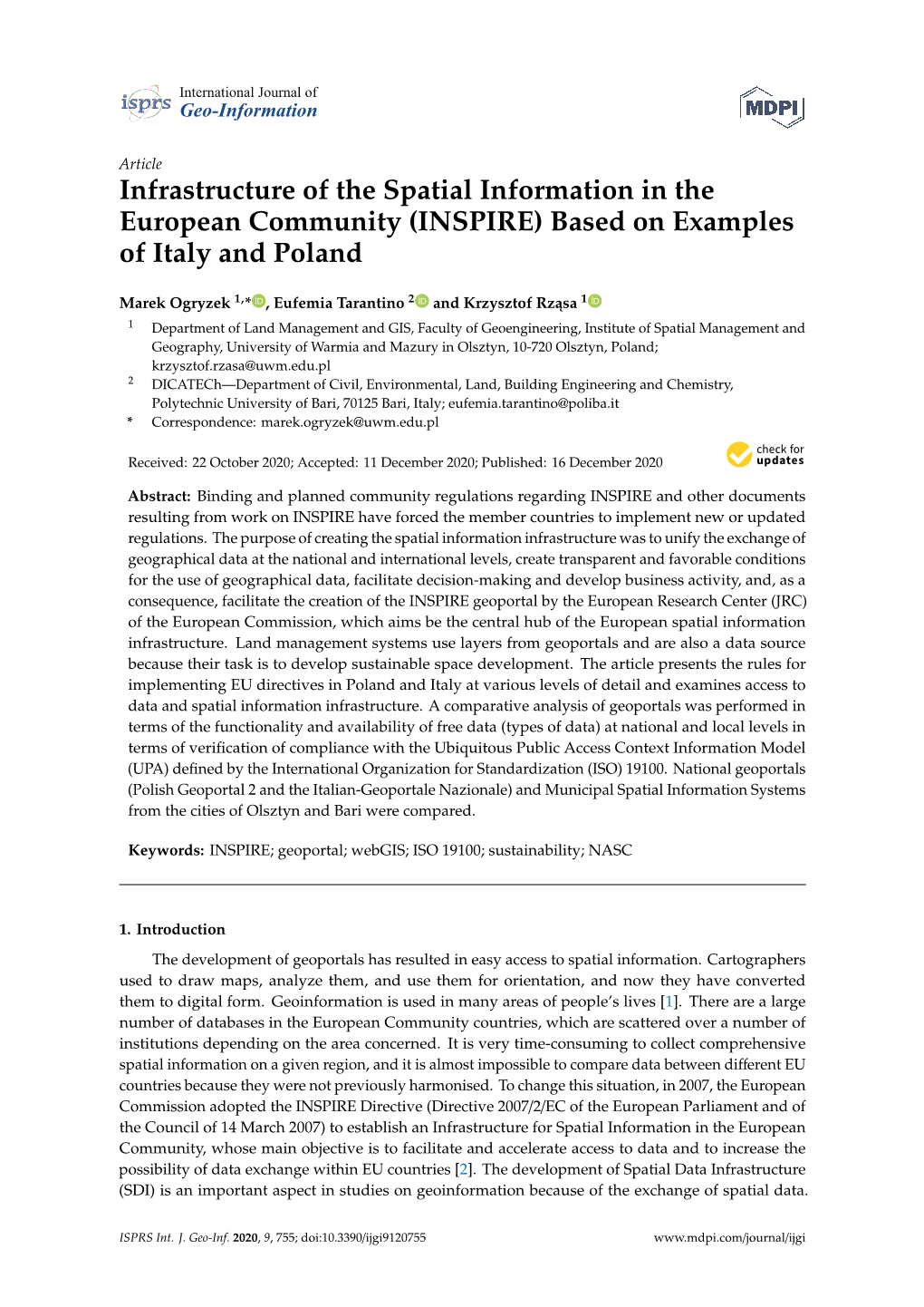 Infrastructure of the Spatial Information in the European Community (INSPIRE) Based on Examples of Italy and Poland