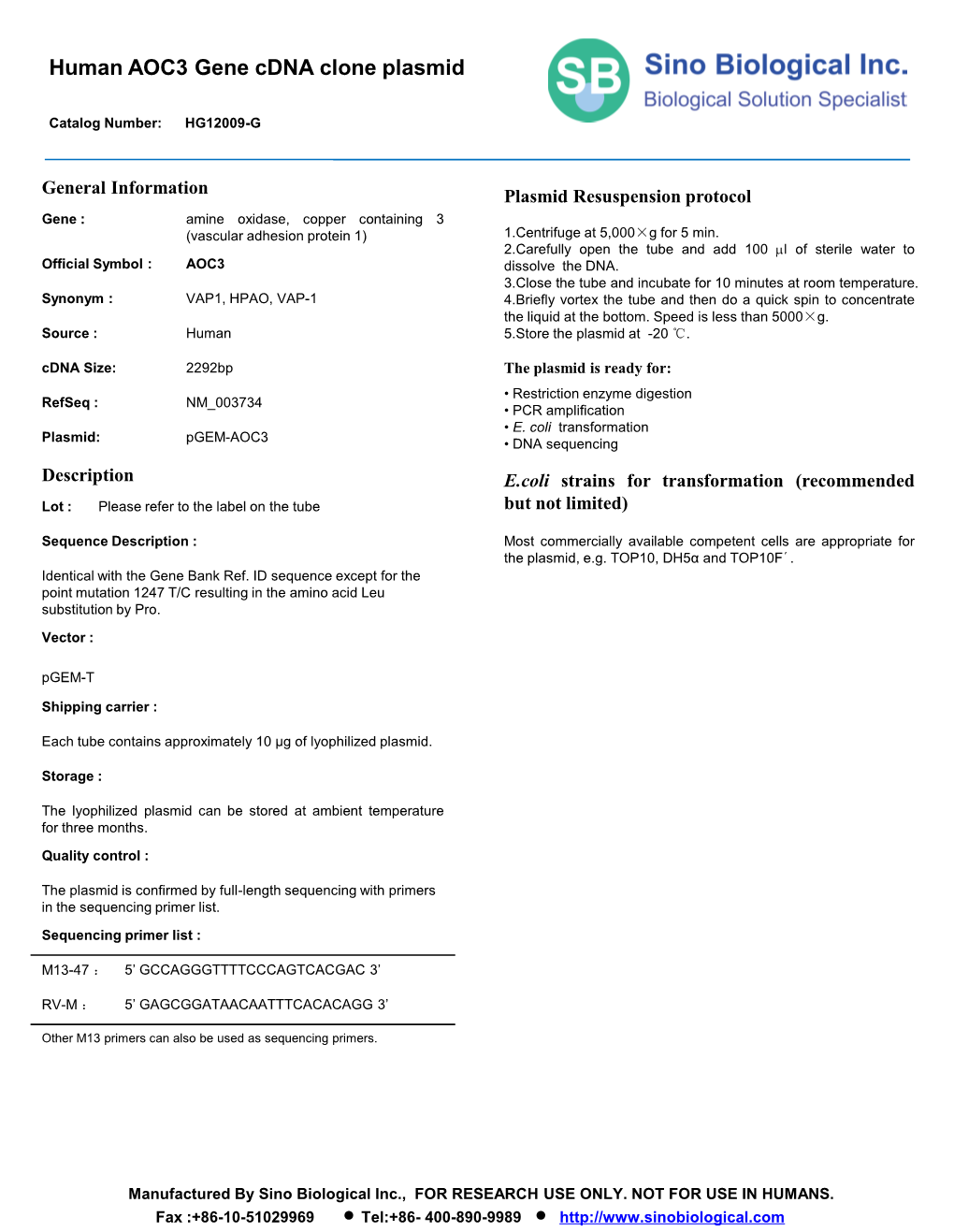 Human AOC3 Gene Cdna Clone Plasmid