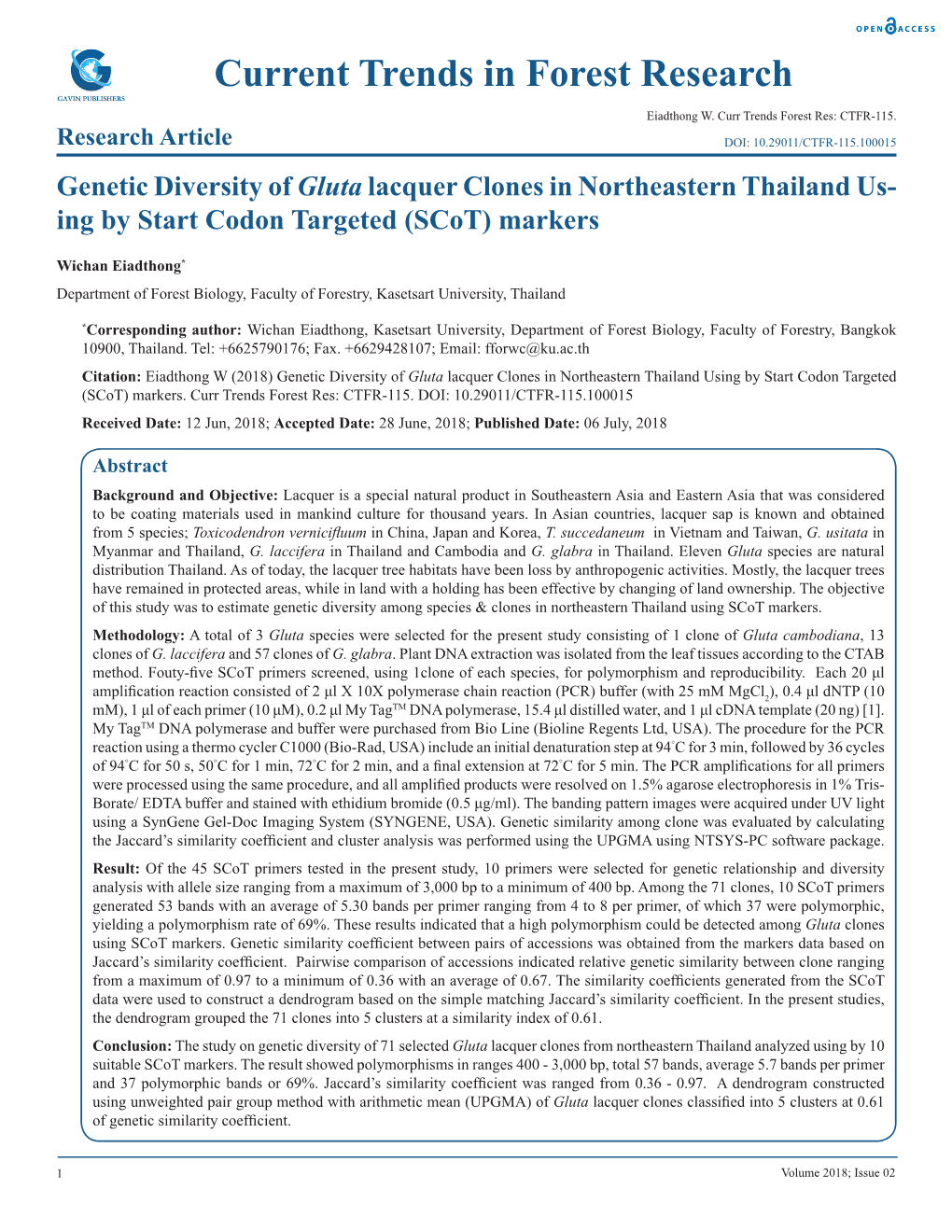 Genetic Diversity of Gluta Lacquer Clones in Northeastern Thailand Us- Ing by Start Codon Targeted (Scot) Markers