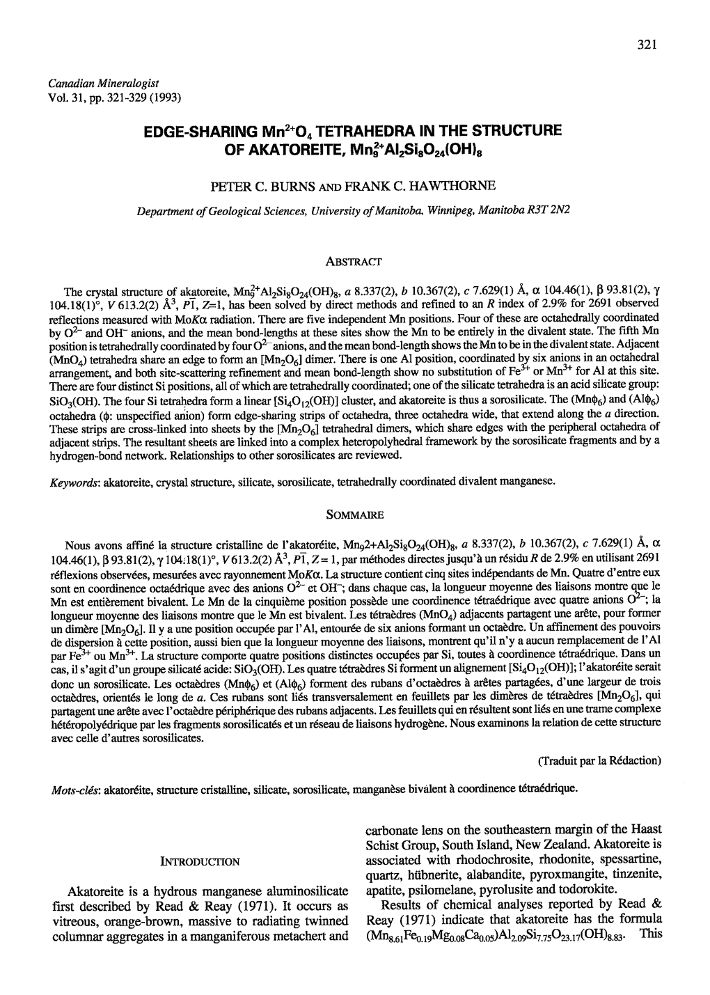 EDGE-SHARING Mn2*Oo TETRAHEDRA Ln the STRUCTURE of AKATORETTE, M N3*Al2si8o24(OH)