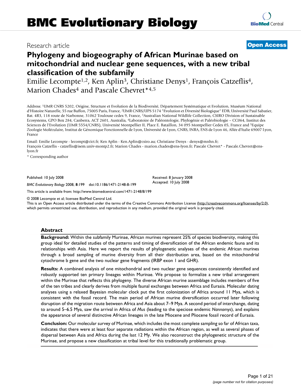 Phylogeny and Biogeography of African Murinae Based On