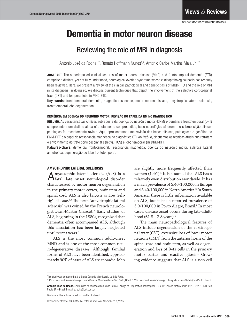 Dementia in Motor Neuron Disease Reviewing the Role of MRI in Diagnosis