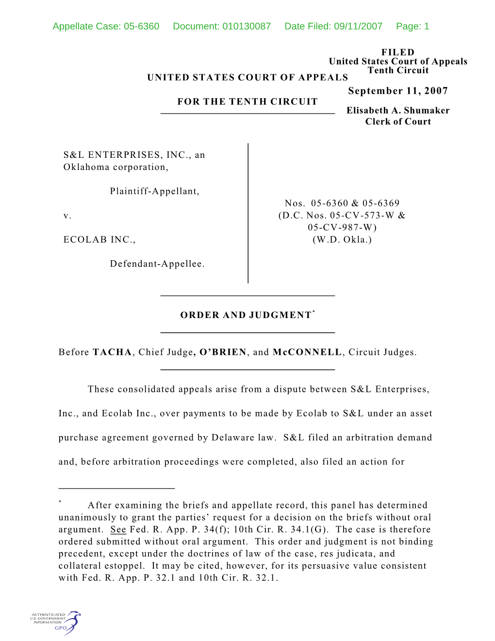 Appellate Case: 05-6360 Document: 010130087 Date Filed: 09/11/2007 Page: 1