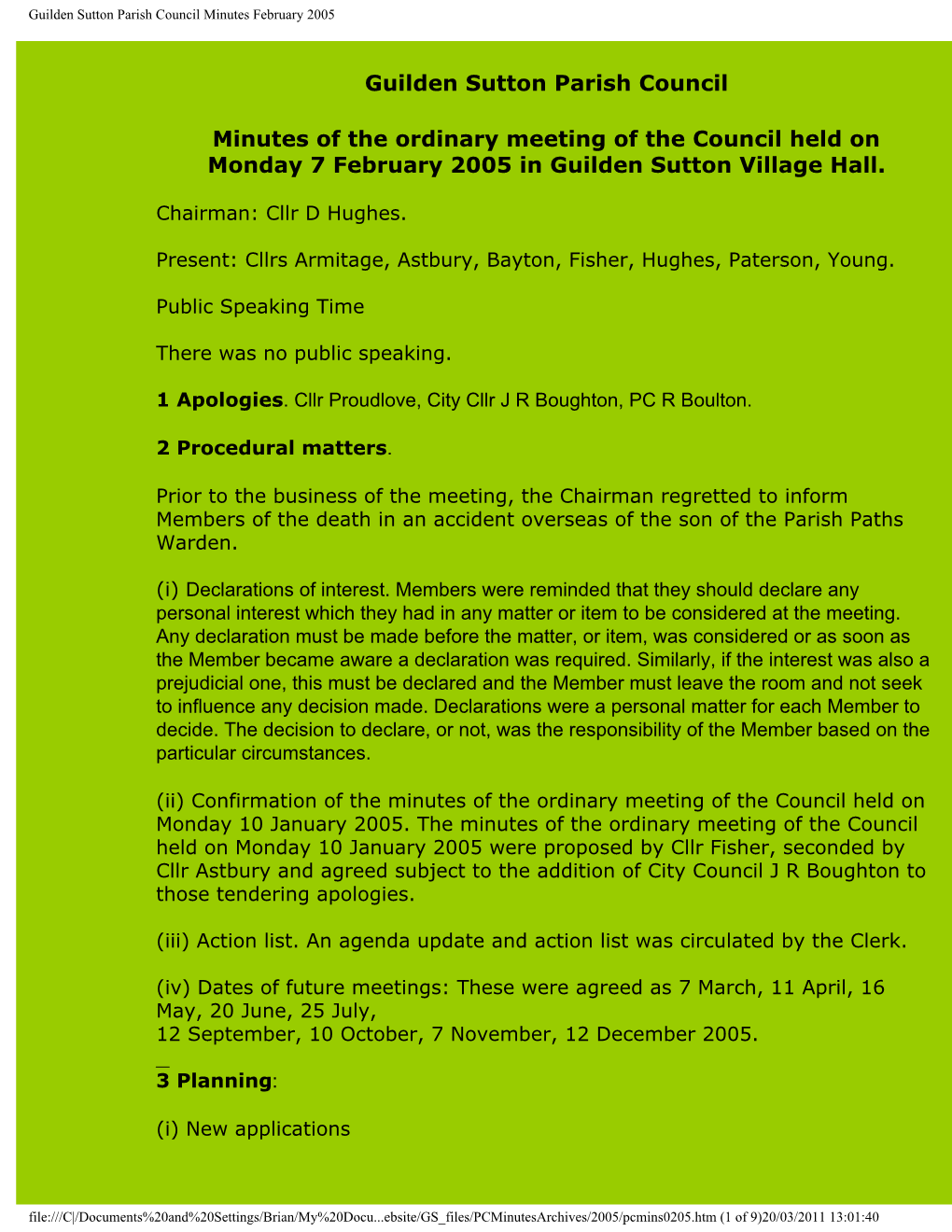 Guilden Sutton Parish Council Minutes February 2005