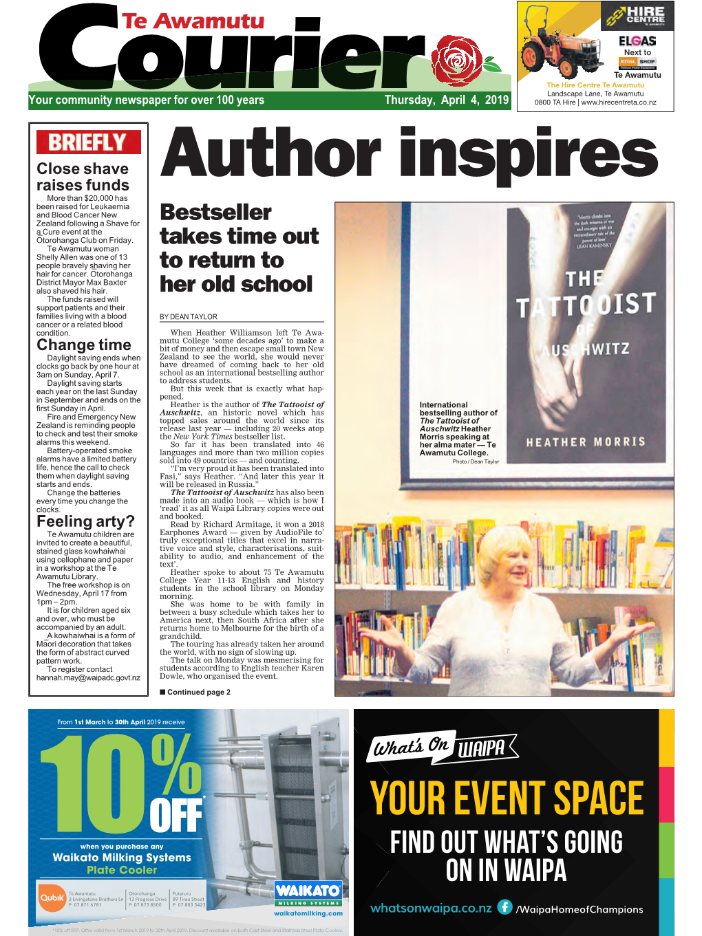 Te Awamutu Courier Thursday, April 4, 2019 Inspirational Writer, Speaker