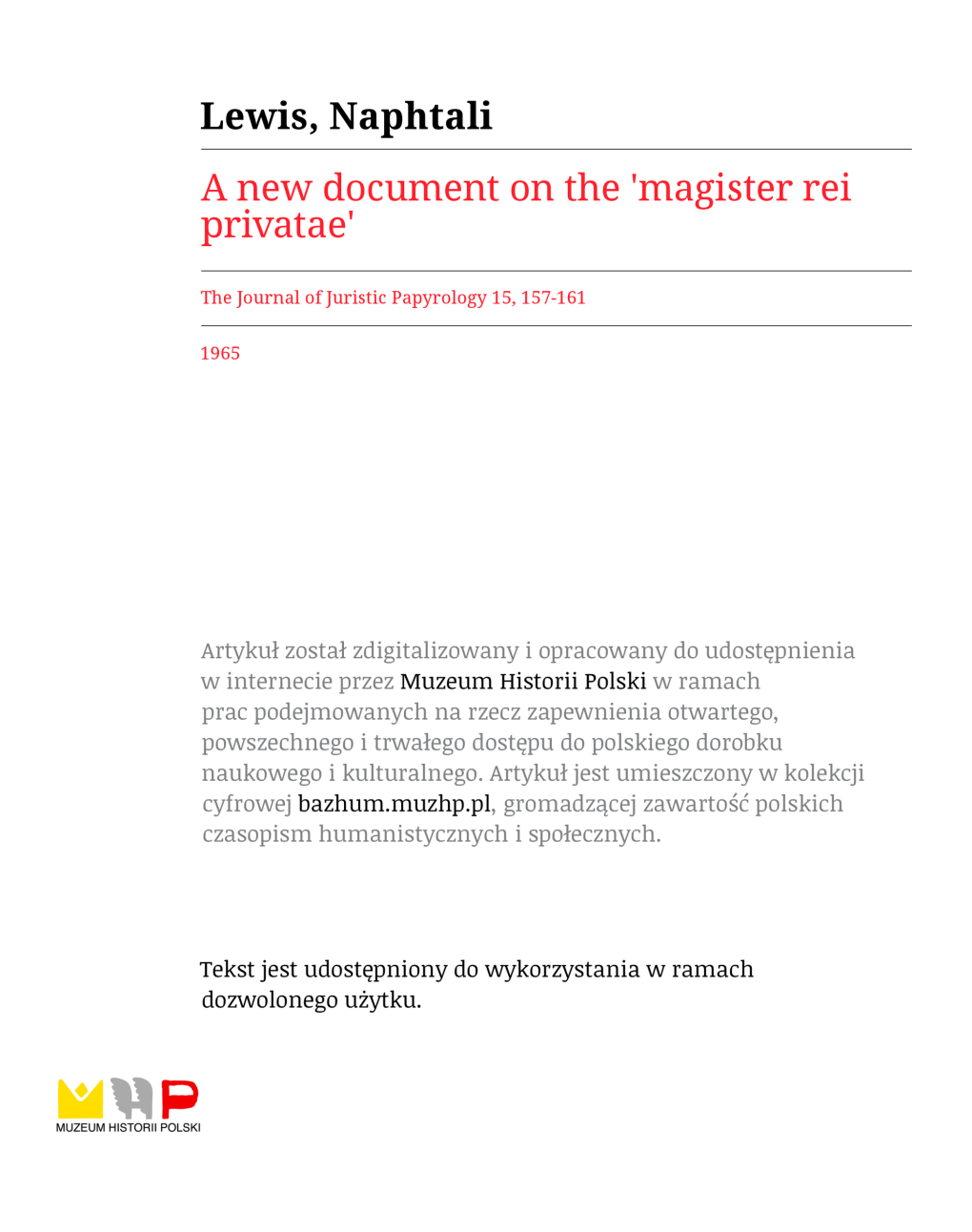 A New Document on the Magister Rei Privatae