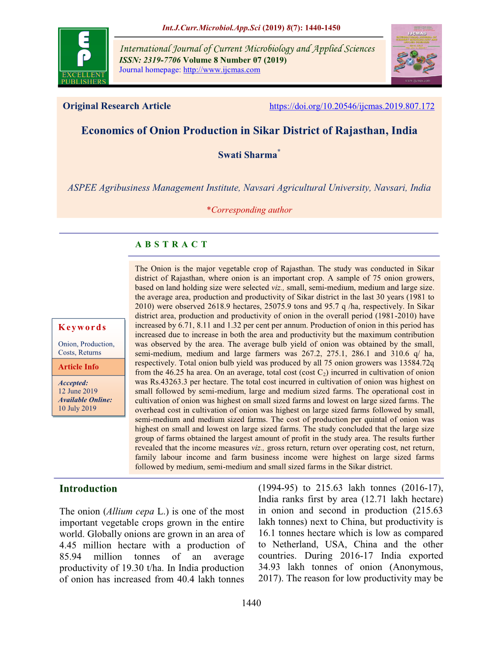 Economics of Onion Production in Sikar District of Rajasthan, India