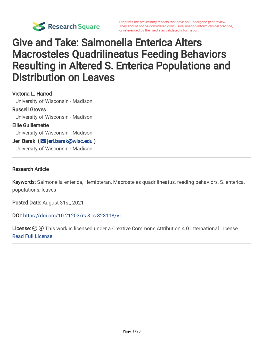 Give and Take: Salmonella Enterica Alters Macrosteles Quadrilineatus Feeding Behaviors Resulting in Altered S