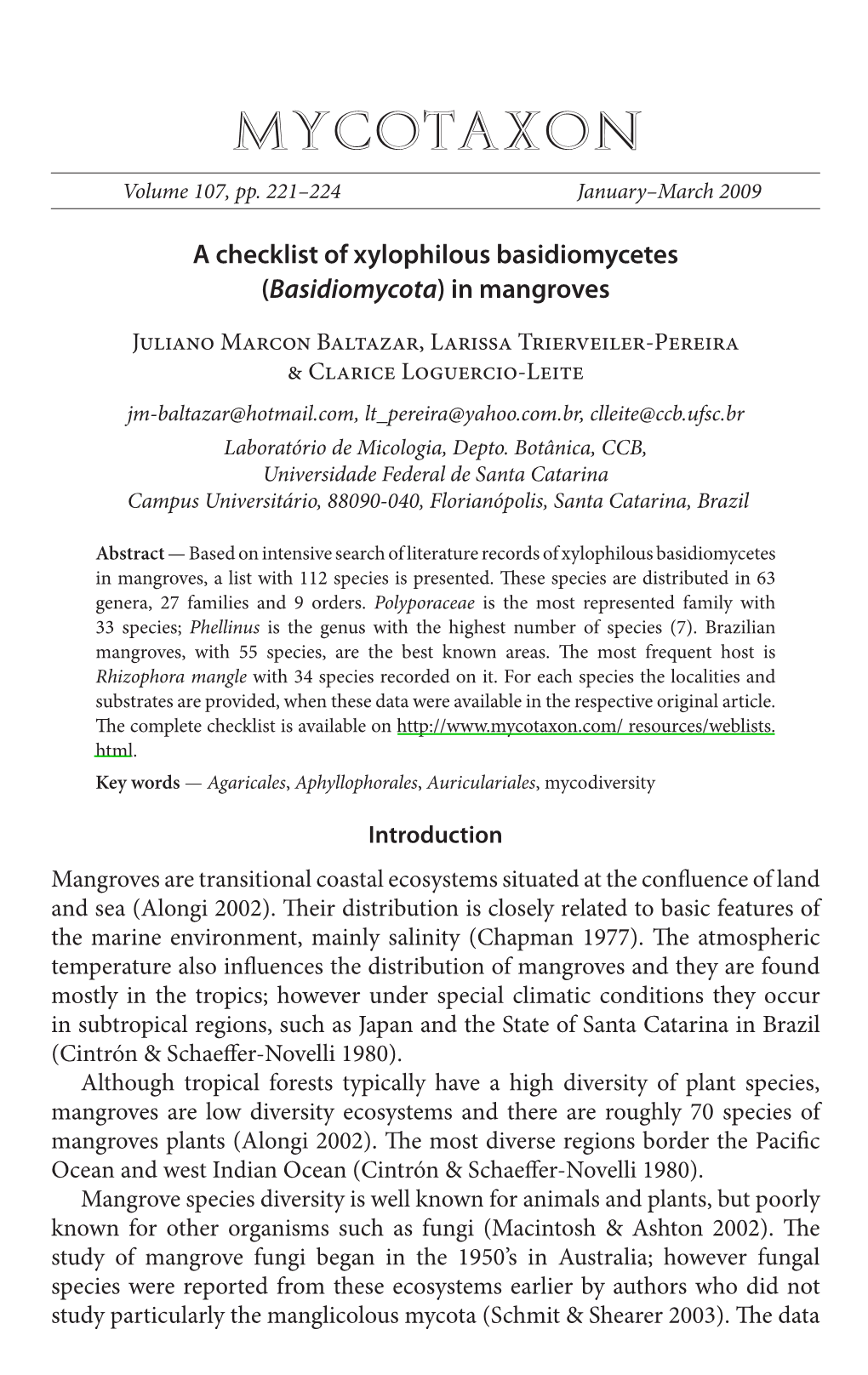 A Checklist of Xylophilous Basidiomycetes (<I>Basidiomycota