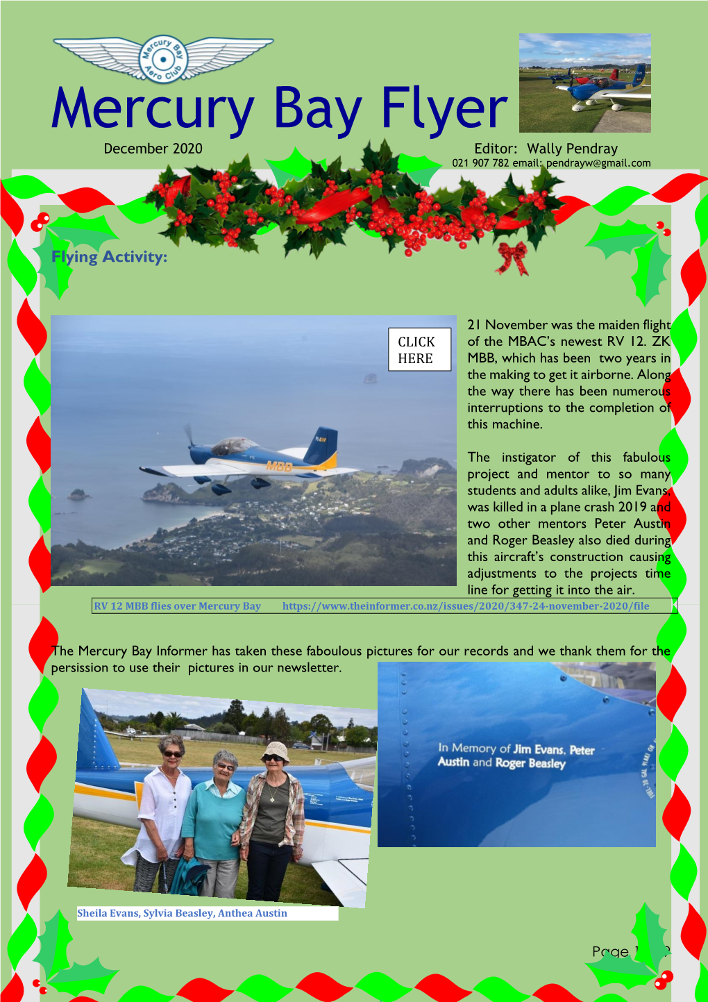 Mercury Bay Flyer December 2020 Editor: Wally Pendray 021 907 782 Email: Pendrayw@Gmail.Com