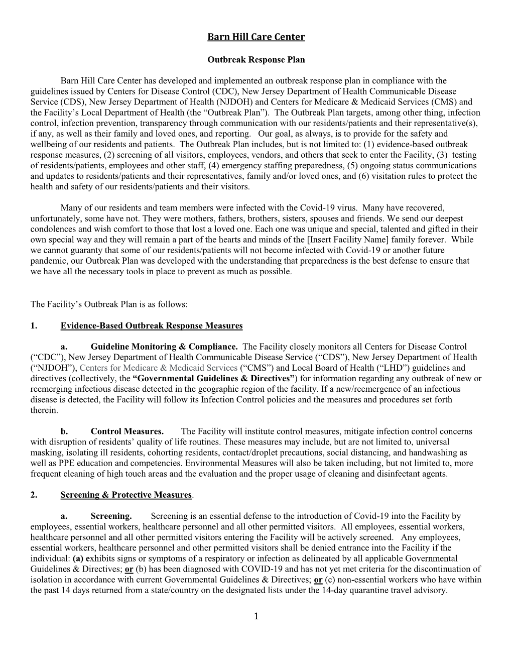 Barnhill Outbreak Response Plan