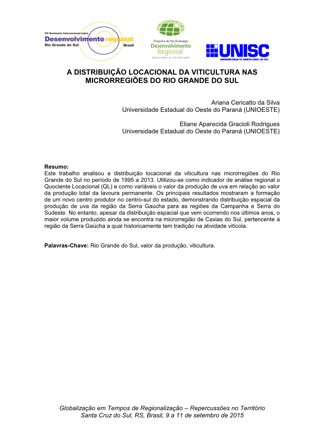 A Distribuição Locacional Da Viticultura Nas Microrregiões Do Rio Grande Do Sul