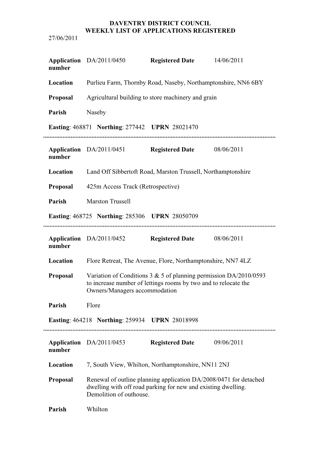 Daventry District Council Weekly List of Applications Registered 27/06/2011