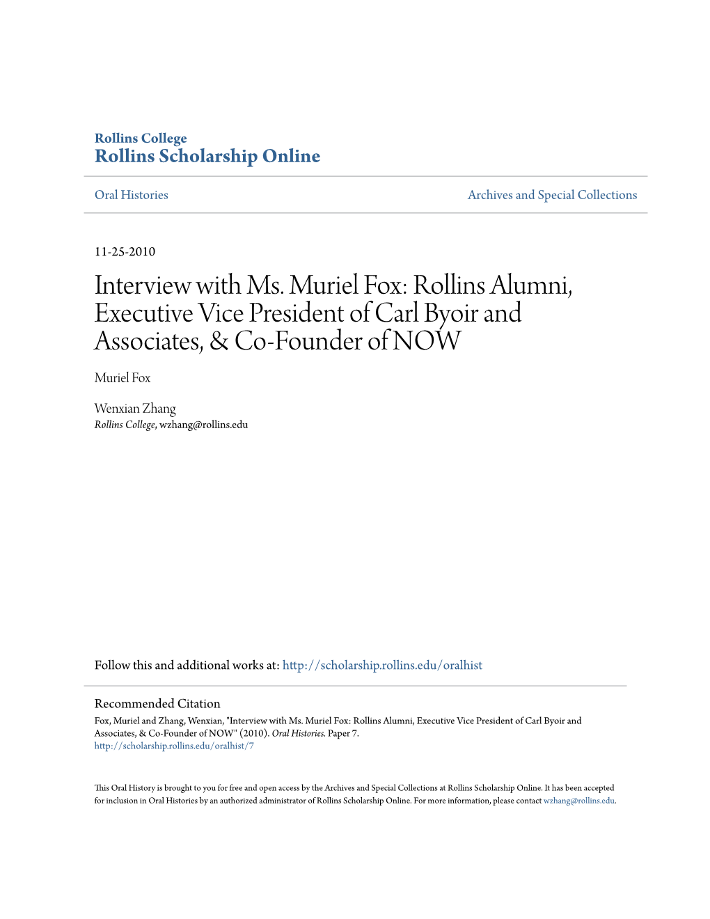 Interview with Ms. Muriel Fox: Rollins Alumni, Executive Vice President of Carl Byoir and Associates, & Co-Founder of NOW Muriel Fox