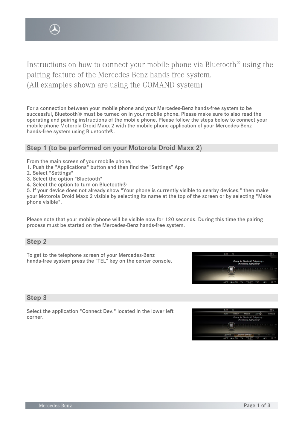 Instructions on How to Connect Your Mobile Phone Via Bluetooth® Using the Pairing Feature of the Mercedes-Benz Hands-Free System
