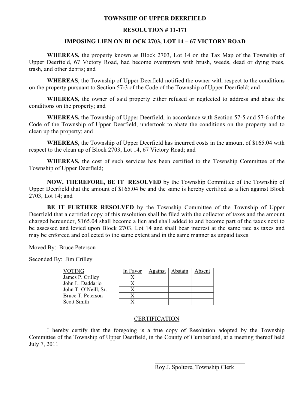 Township of Upper Deerfield Resolution # 11-171