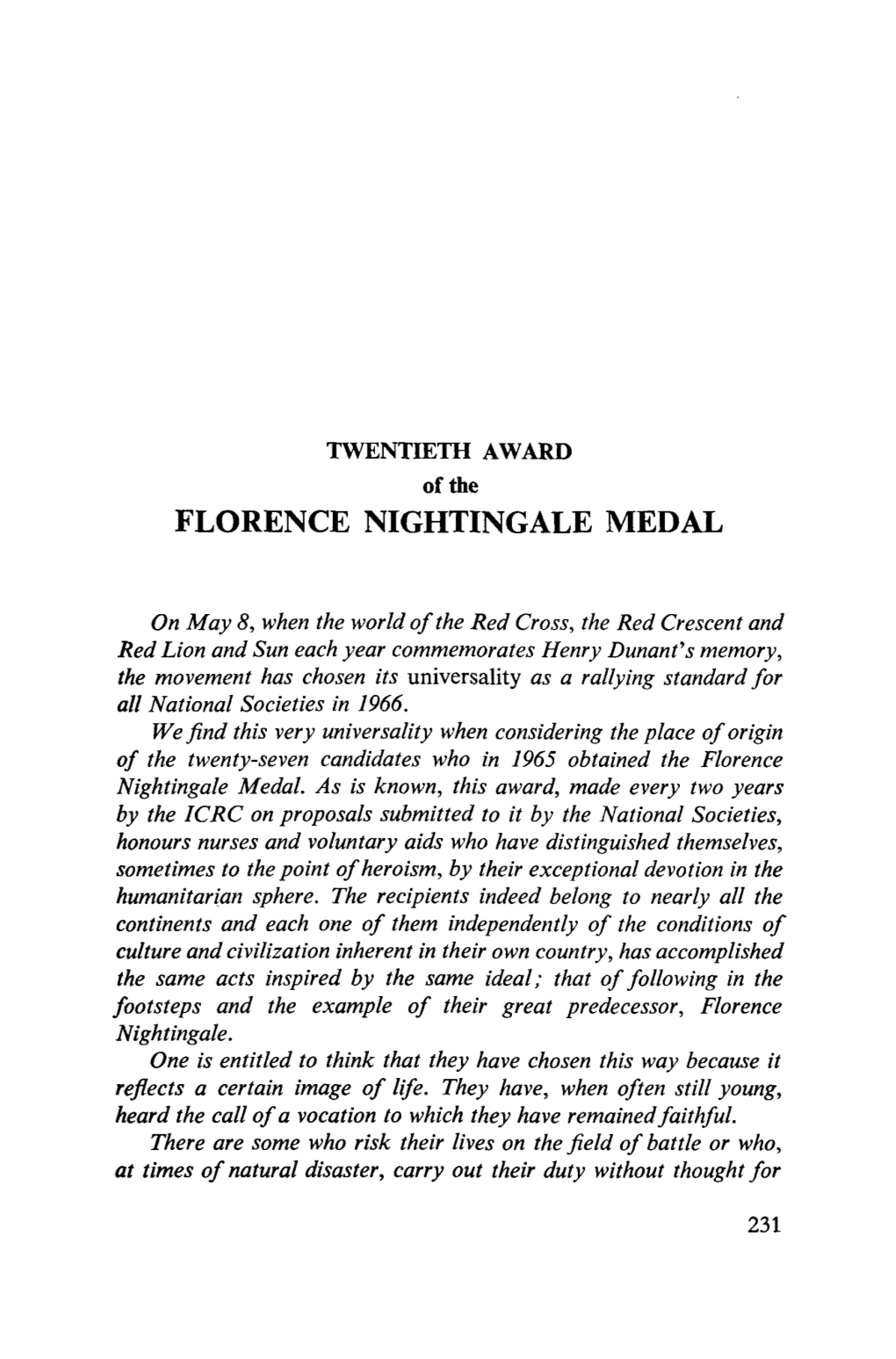 TWENTIETH AWARD of the FLORENCE NIGHTINGALE MEDAL