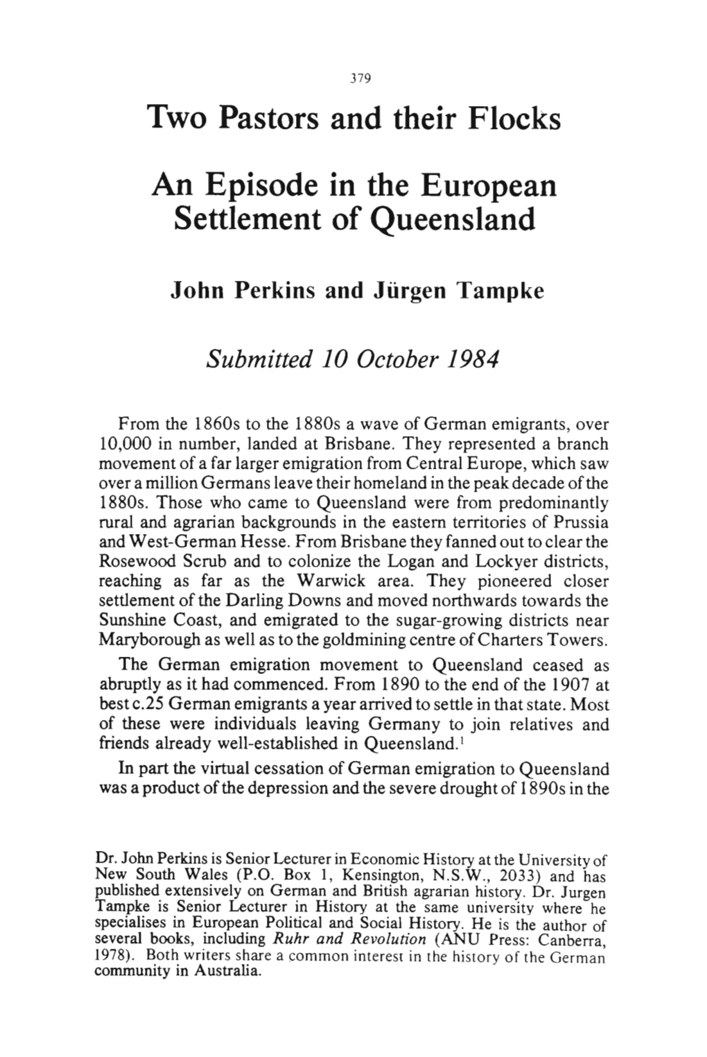 Two Pastors and Their Flocks an Episode in the European Settlement of Queensland