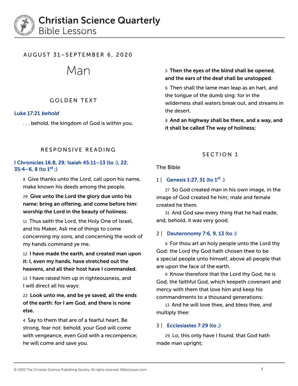 August 31–September 6, 2020 Golden Text Responsive