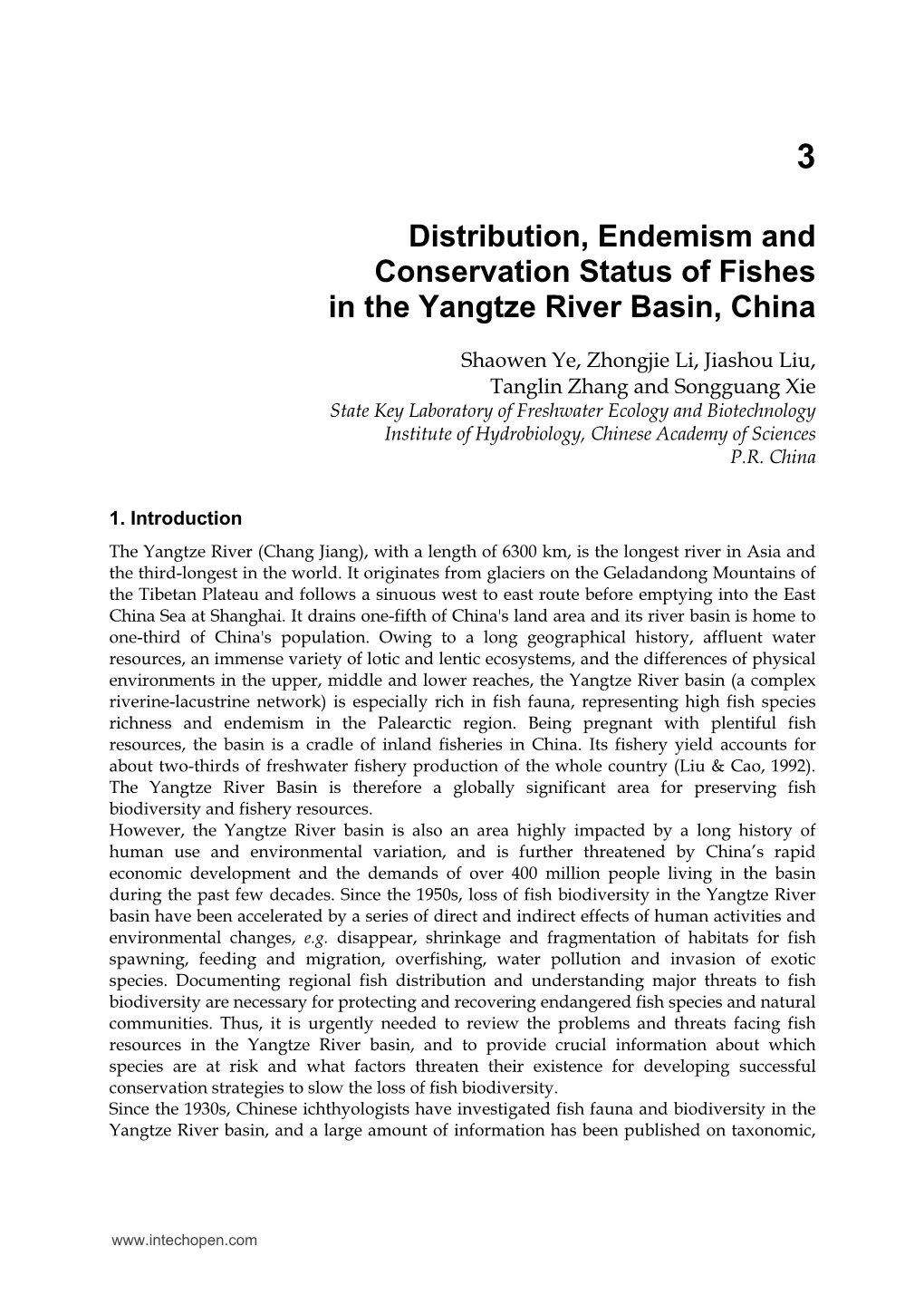 Distribution, Endemism and Conservation Status of Fishes in the Yangtze River Basin, China