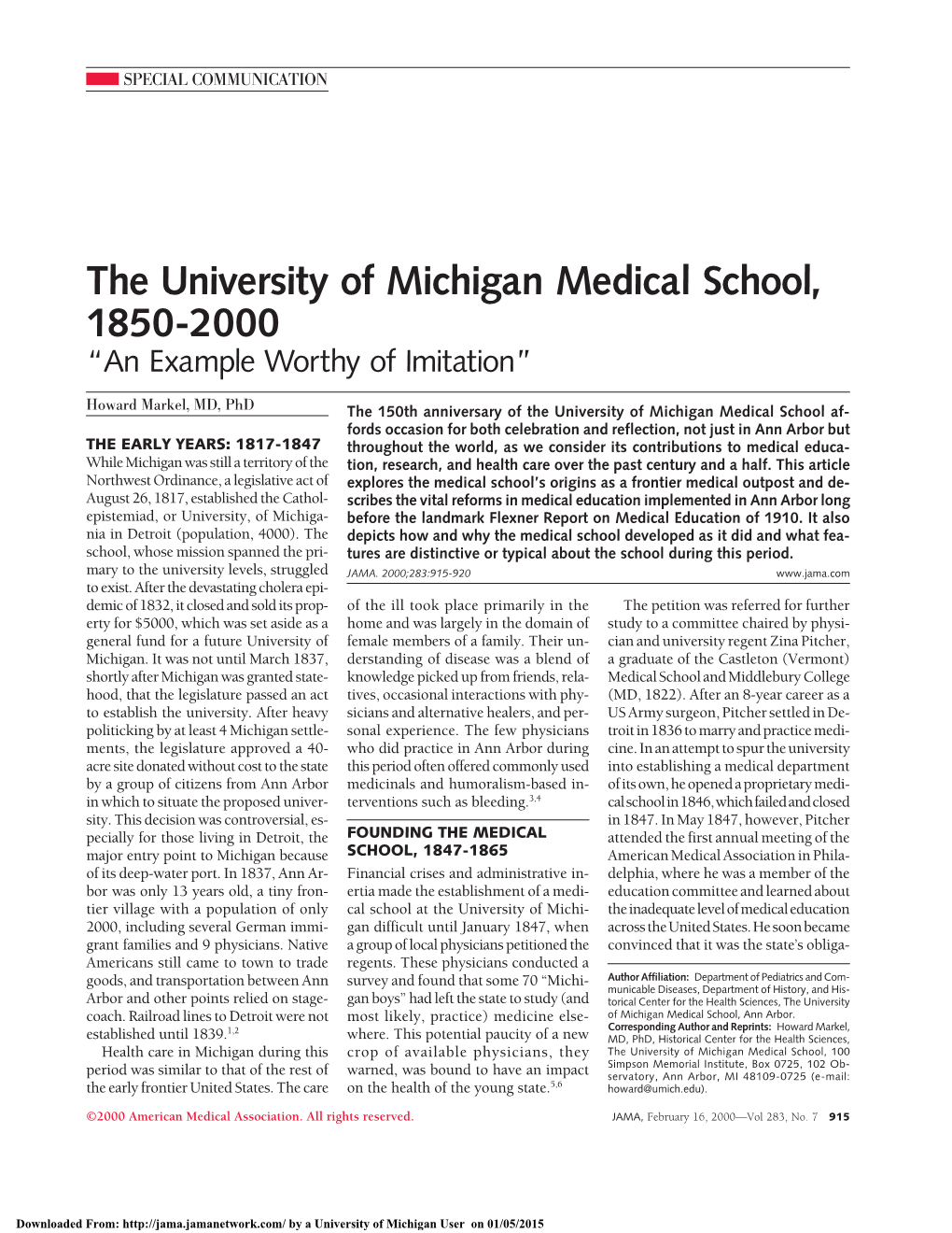 The University of Michigan Medical School, 1850-2000 “An Example Worthy of Imitation”