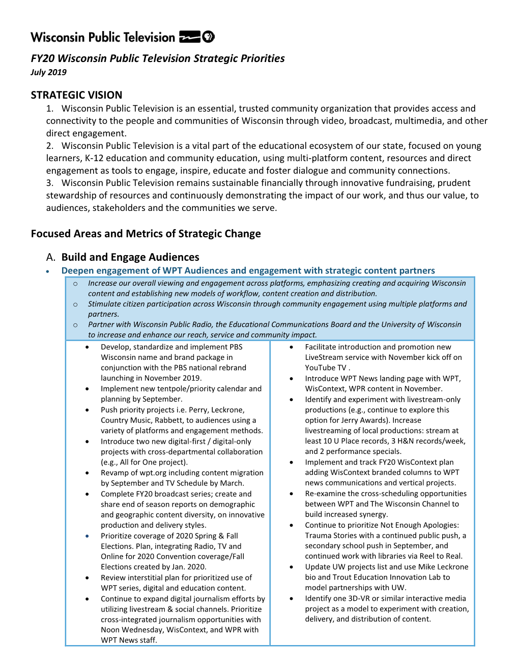 Wisconsin Public Television Strategic Priorities Plan FY20