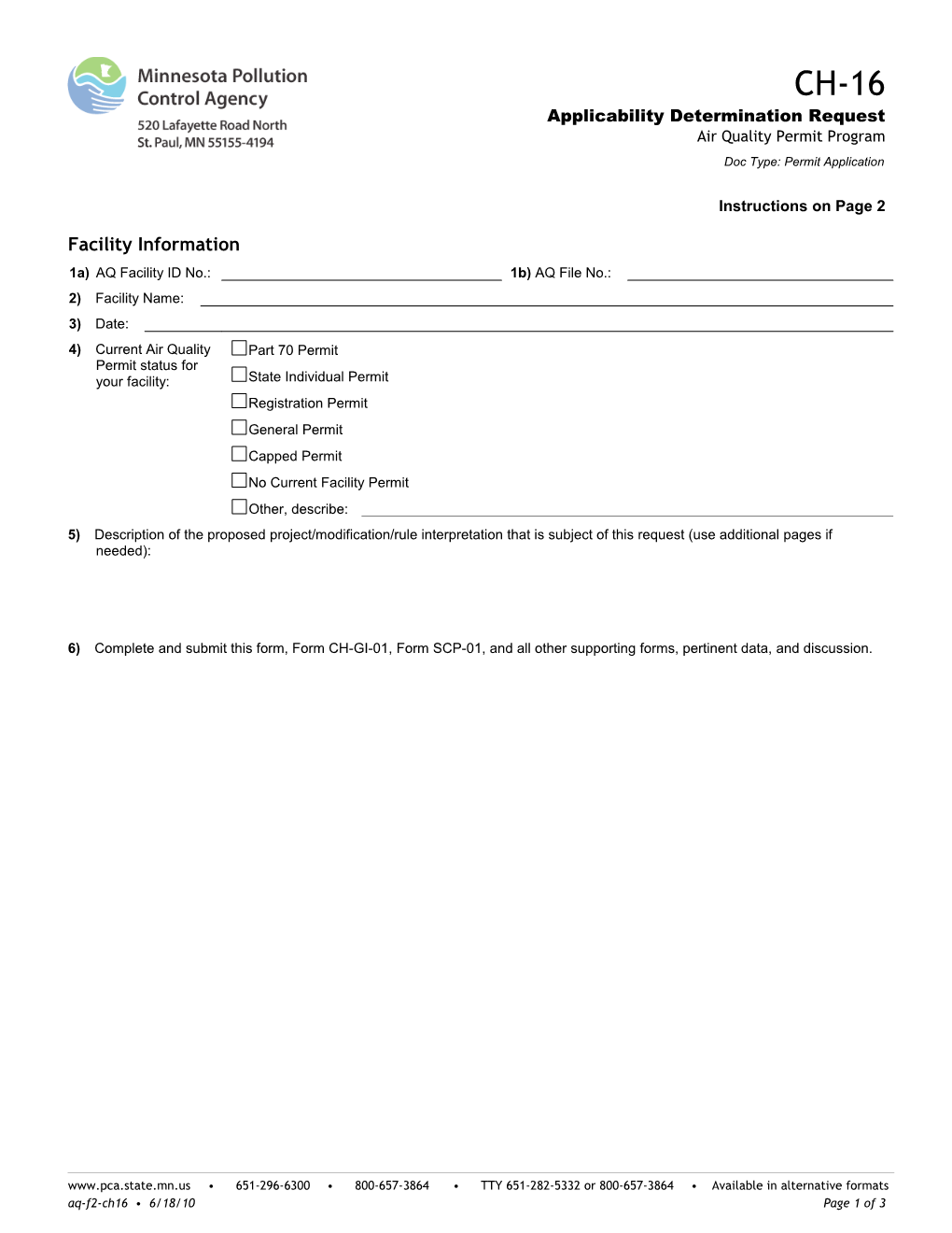 CH-16 Applicability Determination Request Air Quality Permit Program - Form