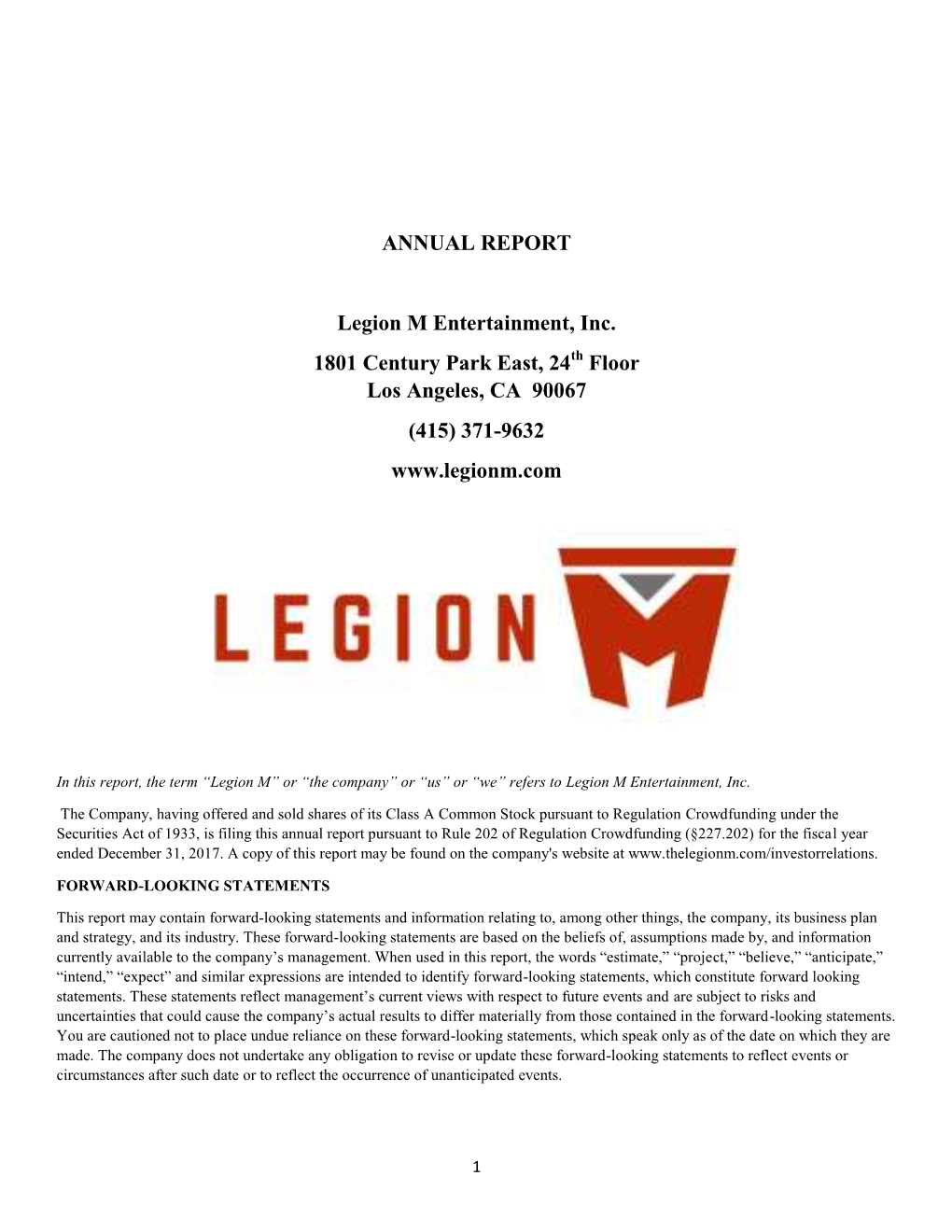 ANNUAL REPORT Legion M Entertainment, Inc