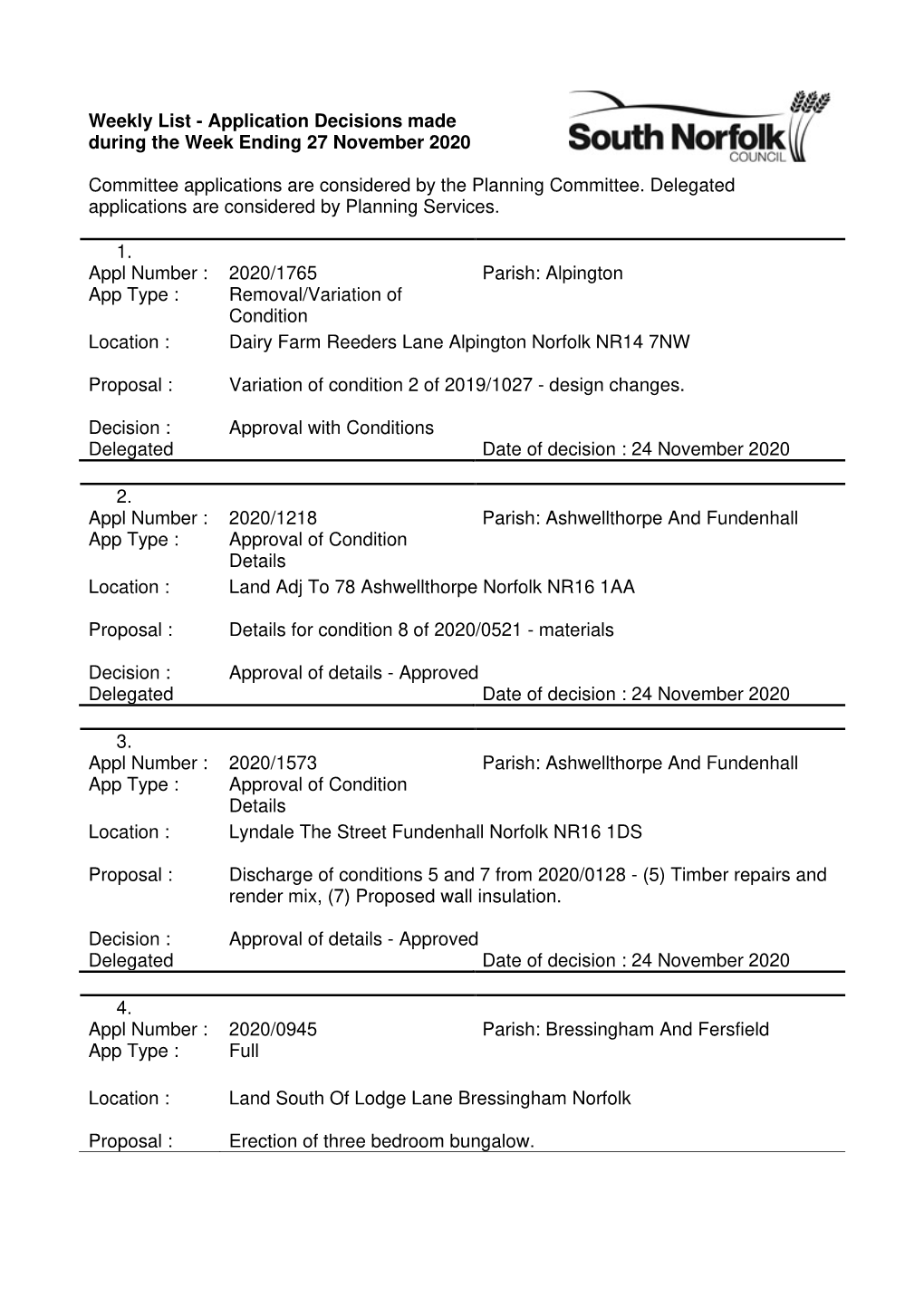 Weekly List of Decisions Made During Week Ending 27 November 2020 V1