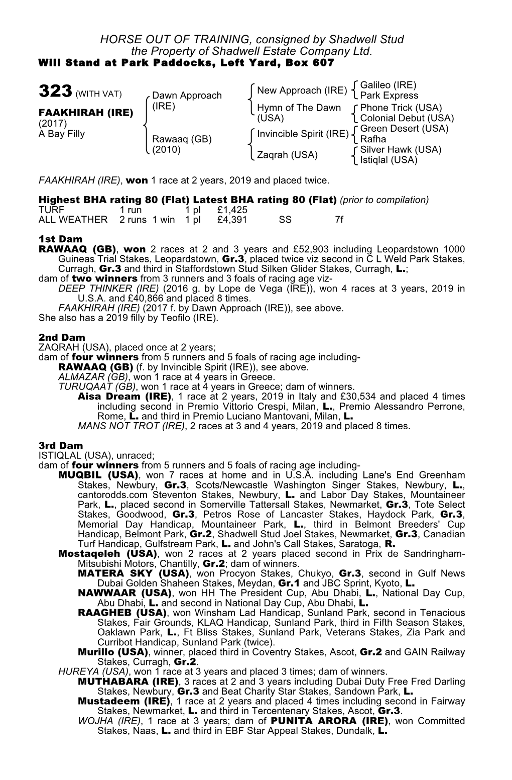 HORSE out of TRAINING, Consigned by Shadwell Stud the Property of Shadwell Estate Company Ltd